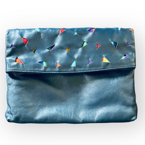 Pioneer Vintage 80s Navy Blue Leather Fold Over Clutch Purse w/ Fabric Cut Outs - Picture 1 of 15